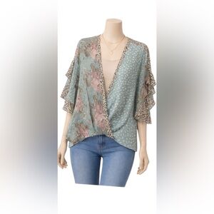 Umgee Boho Kimono Top Mixed Floral Leopard Print. Ruffle Sleeves Flowy Blouse